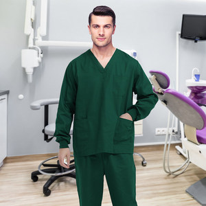 Ensembles d'uniformes médicaux 100 % coton, col en V, manches longues, tenues d'infirmière, uniformes d'hôpital, antistatiques, vente en gros, OEM/ODM, logo personnalisé - Product Image 4