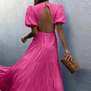 2022 Fashion V Neck Cut Out Backless Lady Causal Wear Casual Bubble Sleeve Dresses Women Elegant Pleated Bohemian Beach Dress