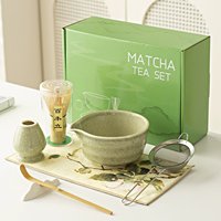 Ensemble de matcha japonais-Bol en céramique complet avec bec verseur et dessous de verre, fouet, cuillère, tamis et brosse pour une cérémonie authentique du thé