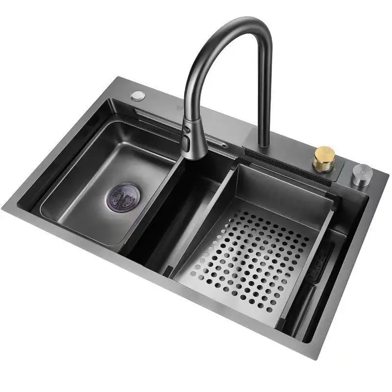 Tiktok Trends Stainless Steel All in One Kitchen Sink With Pull Down Faucet Waterfall Kitchen Faucet