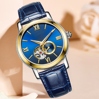 Montre mécanique de haute qualité pour hommes, verre cristal, boîtier en acier inoxydable, bracelet en cuir, squelette, chiffres romains, minimaliste, double affichage
