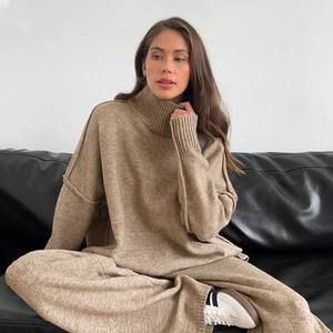 Blubelle Setelan Wanita Musim Gugur Musim Dingin 2-Potong Longgar Kasual Rajutan Tebal Hangat Sweater Turtleneck Celana Pullover Tenun - Product Image 1