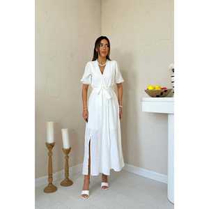 Vestido de Lino Blanco con Cuello Cruzado, Corte en A, Cintura Natural, Transpirable, Informal, para Uso Diario - Product Image 6