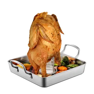Square Roasting Pan with Beer Can Chicken Holder 9-in Stainless Steel Roaster Baking Pans & Racks for BBQ Grilling/Home Cooking