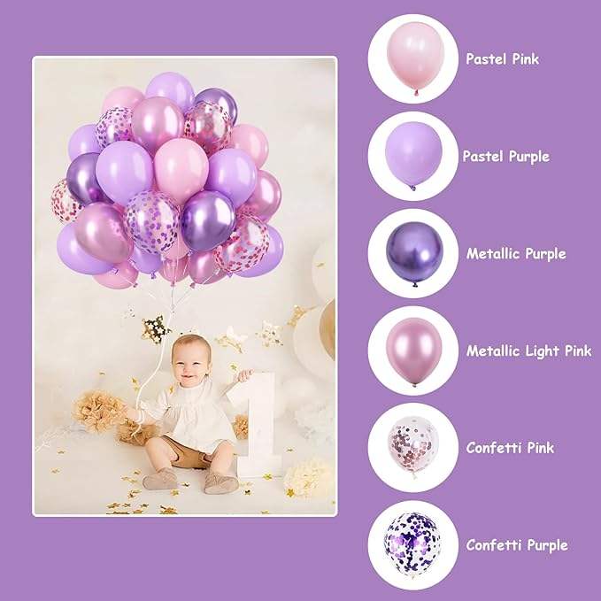 Pink Purple Balloons 65Pcs 12 Inch Pastel Pink Purple and Confetti Latex Balloon Bulk for Bridal Shower Hot-selling