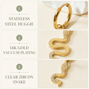 Pendientes colgantes de serpiente de circonita, de acero inoxidable chapado al vacío en oro de 14K, joyería colgante de serpiente curvada - Product Image 3