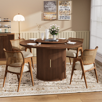 Table à manger ronde de 55 pouces pour six personnes, avec un étagère de rangement à double niveau et un plateau tournant. Portes coulissantes en bois