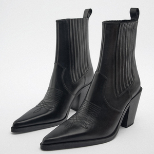 <span class=keywords><strong>Stivali</strong></span> Texani da <span class=keywords><strong>Donna</strong></span> Personalizzati in Vera Pelle Nera con Tacco Alto, di Alta Qualità, Modello Slip-On Invernale a Punta Chiusa con Tacco Largo e Rialzo Interno - Product Image 1