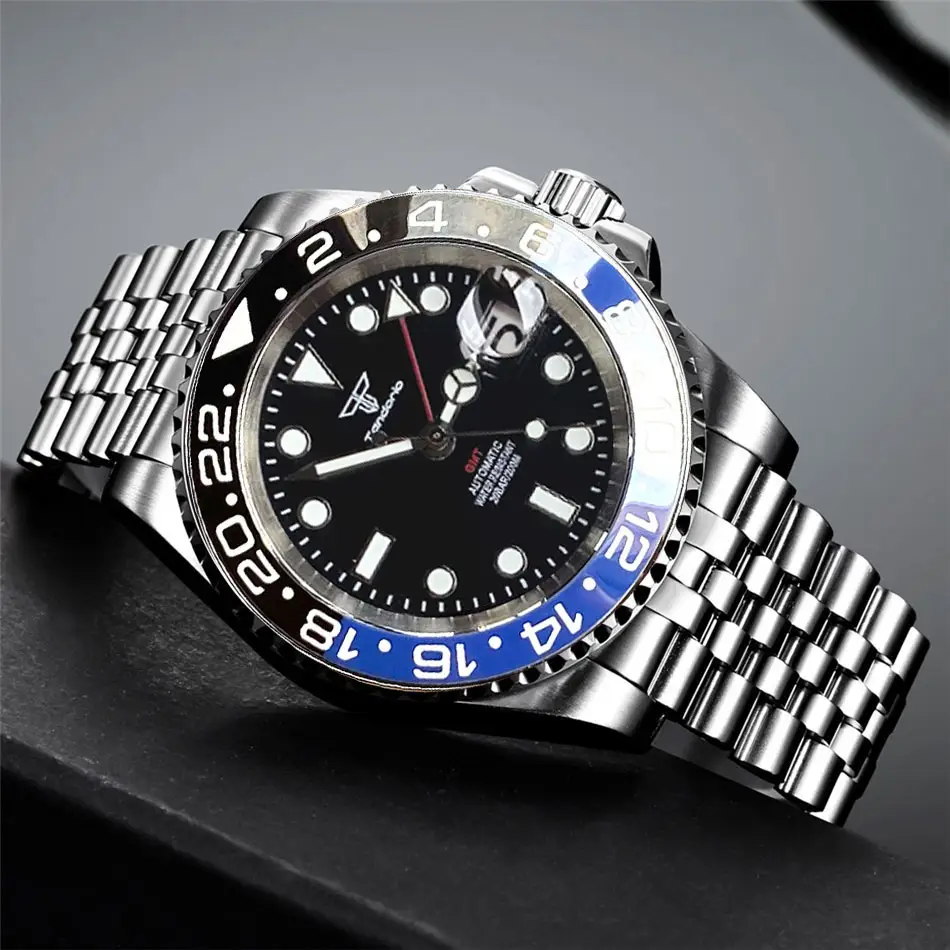 Tandorio NH34A Watch for Men GMT Hand SUB Luxury Wristwatch Black Blue Insert Steel Sport Mechanical Watches 200m Waterproof
