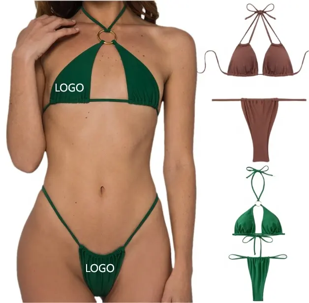 Özel kadın mayo iki parçalı katı mayo tanga Bikini mayo bayanlar Tankini zinciri Bikini seti