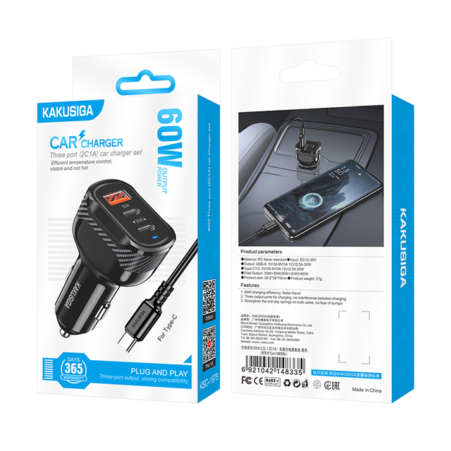 KAKUSIGA 60w Max Three-port Car Charger Set with Micro Type-c Cable Electric Quick Charging Fast Charging Car Charger with Light