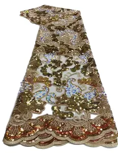 洋红色法国天鹅绒蕾丝面料2024高品质刺绣非洲网带亮片派对礼服