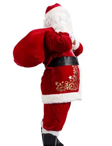 11PCS Xmas Santa Claus Costume Christmas Father Outfit For Cosplay Party Red Deluxe Velvet Fancy Set Family Costume