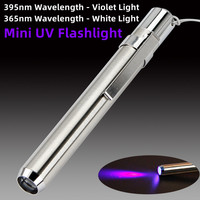 Mini lampe de poche en acier inoxydable LED 365/395 UV Lampe torche ultraviolette Lumière noire pour la détection des marqueurs