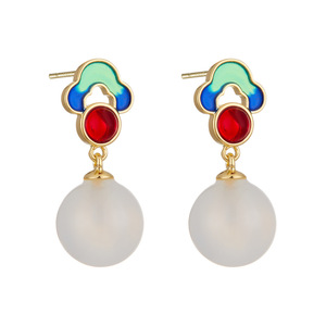Auspicious Cloud Earrings Geometric Enamel Imitation Jade 925 Silver Studs For Cheongsam Hanfu Wear - Product Image 5