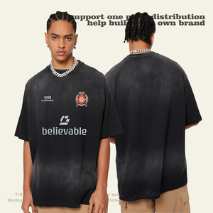 Men's 2024 Spring and Summer New Heavy Washed and Old Print T-shirt Men American Retro High Street Short Sleeve Men and Women - Product Image 3