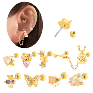 Boucles d'oreilles barbell en acier inoxydable CZ colorées à double filetage pour cartilage |   Clous d'oreille mignons pour piercing hélix, tragus, lobe - Product Image 5