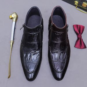 Botas de cuero con estampado británico para hombre, calzado formal de negocios, punta puntiaguda de cuero genuino, cremalleras dobles, zapatos de hombre de caña alta - Product Image 4