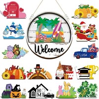 Set Tanda Selamat Datang 16-Piece yang Dapat Diganti, Karangan Bunga Bulat Kayu Buatan Bergambar Kartun, Dekorasi Natal Musiman