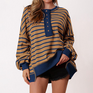 Suéter Popular Informal a <span class=keywords><strong>Rayas</strong></span> para Mujer, <span class=keywords><strong>Manga</strong></span> <span class=keywords><strong>Larga</strong></span>, Otoño e Invierno, Corte Holgado, Color Brillante, Diseño con Botones, <span class=keywords><strong>Cuello</strong></span> Redondo - Product Image 3