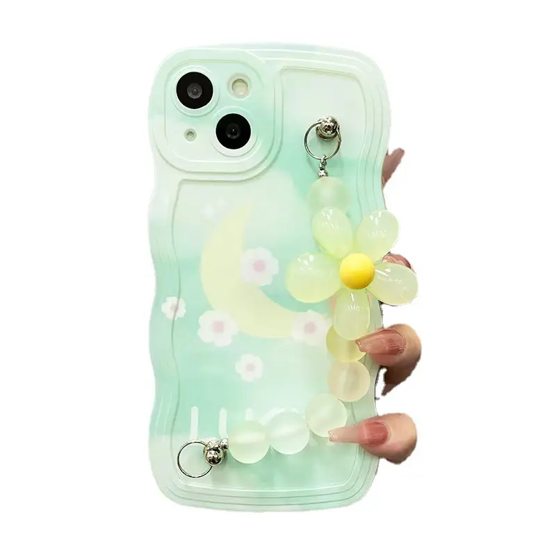 Fresh Beautiful Light Green Chain with Flower Design Clear Strap for Iphone 14Promax New Female with Bracelet Phone case