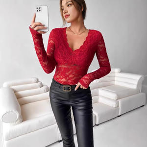 Blusa Elegante para Mujer, Cuello en V, Encaje, Manga Larga, Corte Ajustado, Spandex/Algodón, Estilo Oficina, Color Negro Sólido, Uso Diario - Product Image 3