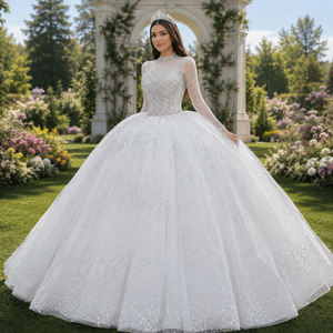 Lscm101 Elegant Silver Beaded Bridal Gown Illusion Long Sleeve Sparkly Tulle Ball Gown Princess <b>Wedding</b> Dress Jancember - Product Image 1