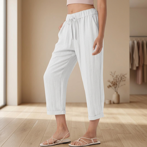 Pantalon Capri Décontracté en Coton et Lin pour Femme 2025 – Coupe Droite, Taille Élastique avec Cordon de Serrage, Taille XL – Idéal pour Tenues d'Été et de Plage - Product Image 3