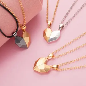 New Couple Fashion Black White Wishing Stone Stitching Magnetic Heart Magnet Love Necklace Jewelry Set For Men And Women