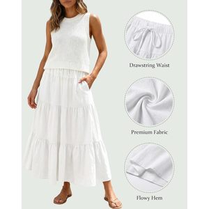 FOXA Women's Breathable Tiered A-Line Maxi <b>Skirt</b> High Waist Ruffles Flowy Cotton with Pockets <b>Boho</b> Summer - Product Image 5
