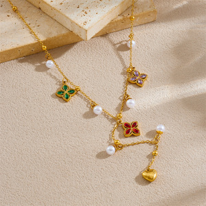 Chic Flower Pendant Necklace Stainless Steel Y Shape With Pearls And Diamonds For Gift - Product Image 2