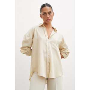 เสื้อเชิ้ตลายทางผ้าลินินผู้หญิงสีเบจติดกระดุมสไตล์มินิมอลสำหรับทุกวัน - Product Image 3