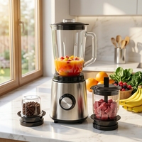Mixeur et robot culinaire professionnel silencieux en acier inoxydable, avec commande par bouton, bol en verre, usage commercial et domestique, 1000W, 3 vitesses