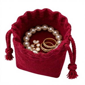 Bolsa de Regalo Pequeña y Resistente con Cordón y Borla, de Lino y Algodón Color Borgoña, con Logotipo Personalizado, para Joyería - Product Image 4