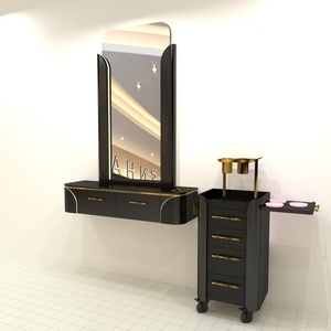 Wall Mount LED Light Barber Mirror Station with Matching Rolling 5-<b>Drawer</b> Hair Salon Tool Trolley Set - Product Image 1