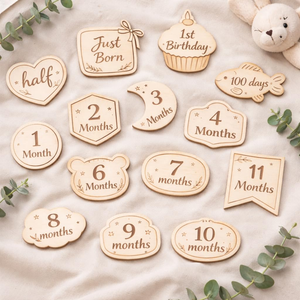 Lot de 15 cartes de jalons mensuels pour bébé <span class=keywords><strong>en</strong></span> <span class=keywords><strong>bois</strong></span> naturel brut, gravées au laser, modernes, DIY, pour décoration intérieure, avec empreinte de pied d'Halloween - Product Image 3