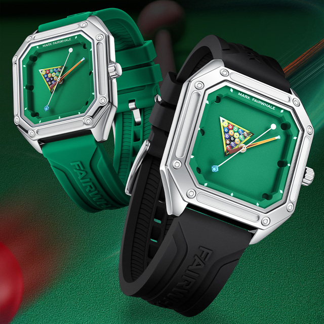 Mark Fairwhale Square Pool Table Design Dial Stainless Steel Case Watch Men Sports Waterproof Rubber Strap Quartz Watch FW-5047
