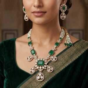 925 Silver Traditional Green Stone Kundan <b>Necklace</b> Set With Earrings Bridal Wedding Jewelry Pearl Mala Set For Women - Product Image 4
