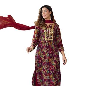 Colección de ropa india y pakistaní de primera calidad, candelabro, estampado de lámina modal, conjunto de Kurti con encaje Stanton Bottom Chi-non Dupatta - Product Image 2