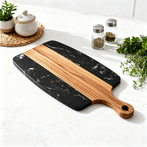 Planche à découper et à charcuterie rectangulaire en bois et marbre, double face, tendance été 2026, pour cuisine domestique - Product Image 4