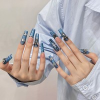 Faux ongles longs en forme de cercueil faits à la main, bleu denim, avec crâne argenté 3D, papillon et ange, style gothique punk Y2K, pour l'industrie lourde, vente en gros