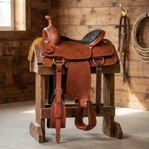 Selle de course de luxe en cuir véritable et bois, gravée, modèle NA94, pour cheval, de BS International, durable - Product Image 1