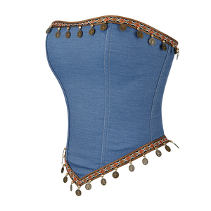 Corset bleu vintage avec décoration de perles rondes couleur cuivre, corsage Renaissance pour femmes, bustier court - Product Image 3