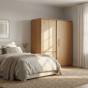 El armario de madera Oron ofrece un diseño atemporal, almacenamiento inteligente y la elegancia de la madera natural para espacios de vida modernos. - Product Image 3