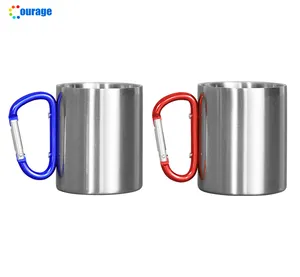 11oz Stainless Steel Mug with Red Carabiner Handle