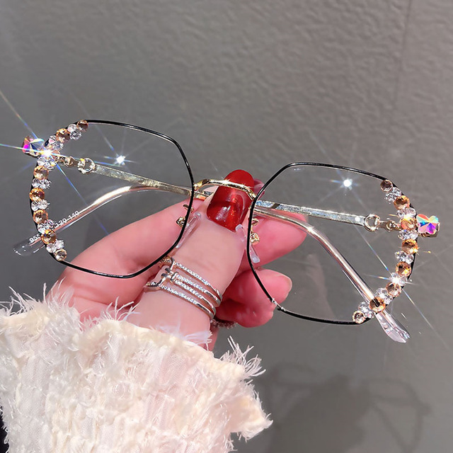 European American Trendy Personalized Metal Flat Glasses Cross Ins Diamond Decorative Glasses Frame Color Changing Anti-Blue for