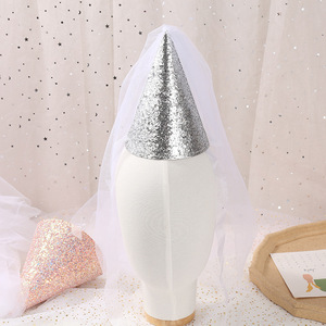 Sombreros <span class=keywords><strong>de</strong></span> fiesta <span class=keywords><strong>de</strong></span> tela dorada con cono brillante, gorros <span class=keywords><strong>de</strong></span> cumpleaños para niños y adultos, decoraciones <span class=keywords><strong>de</strong></span> fiesta con velo <span class=keywords><strong>de</strong></span> princesa - Product Image 3