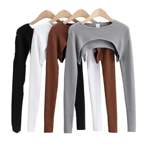 T-shirt décontracté pour femme à manches longues, tricoté, respirant, coupe ajustée, couleur unie, nouvelle tendance, vêtement d'extérieur pour le printemps - Product Image 1