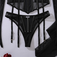 Nouvelle Lingerie de Luxe Érotique, Ensemble de 5 Pièces, Noir, Ultra-fin, en Maille Transparente, Sexy, pour Femmes