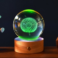 Boule de cristal gravée au laser 3D personnalisée de 80 mm, sphère en verre K9, lampe rechargeable, veilleuse LED en bois avec interrupteur tactile